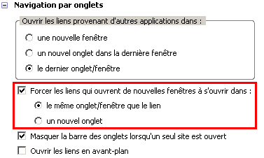 Capture d'écran des nouvelles options dans la partie « Navigation par onglets » sous les options « Ouvrir les liens provenant d'autres applications dans : »